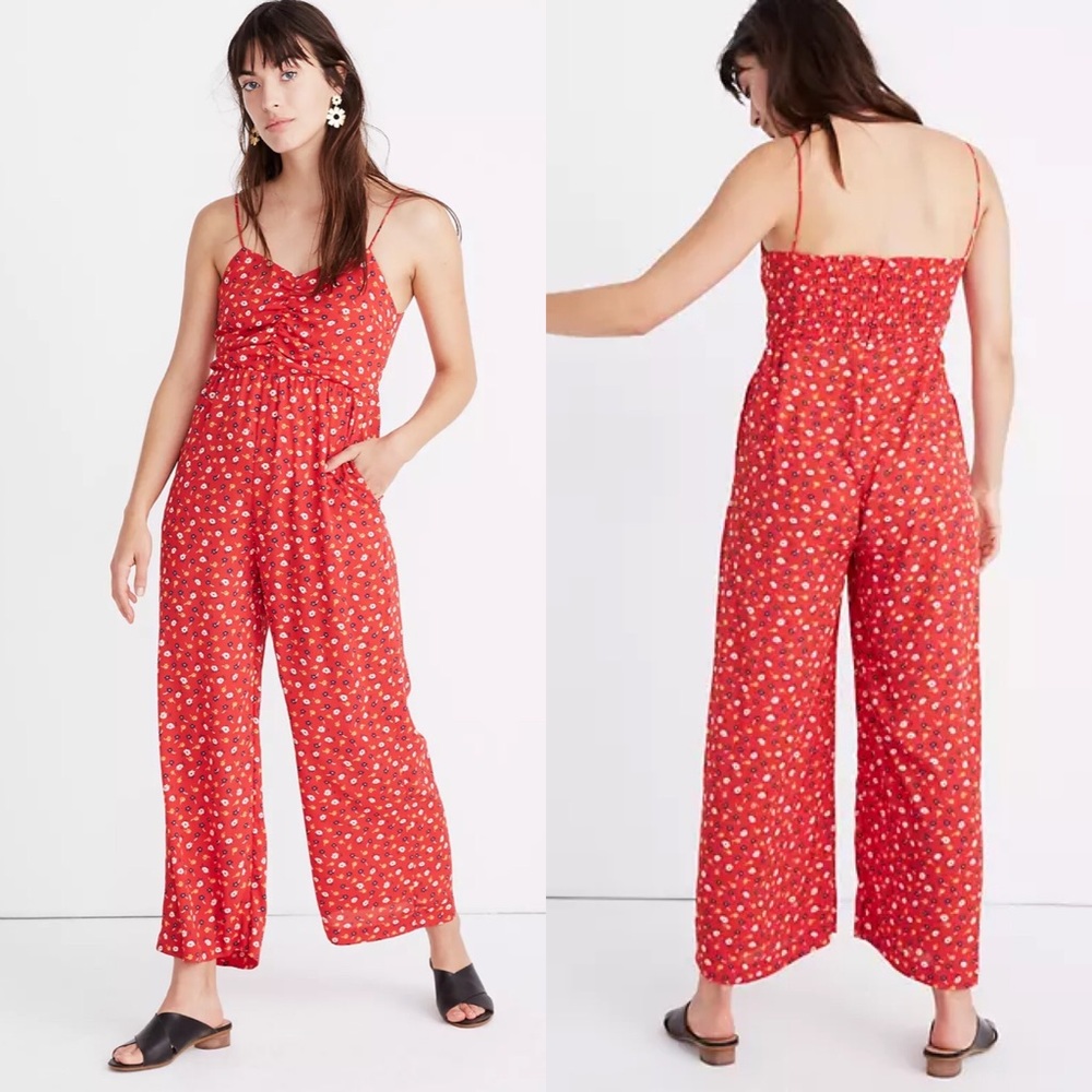 Madewell Red Floral Smocked Wide Leg Jumpsuit